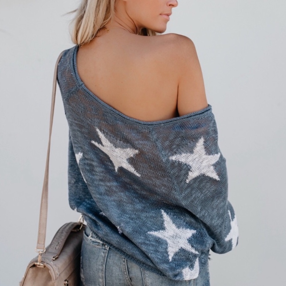 🔹Sold🔹Blue w/ Stars Off Shoulder Sweater - Picture 2 of 4